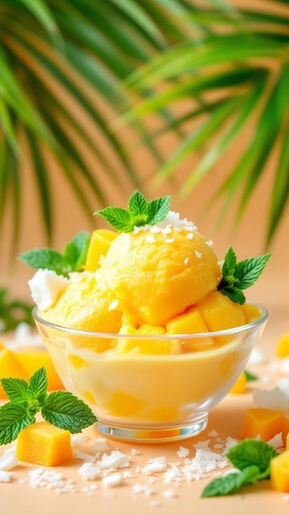 A bowl of mango coconut sorbet garnished with mint leaves and surrounded by fresh mango pieces and coconut flakes.
