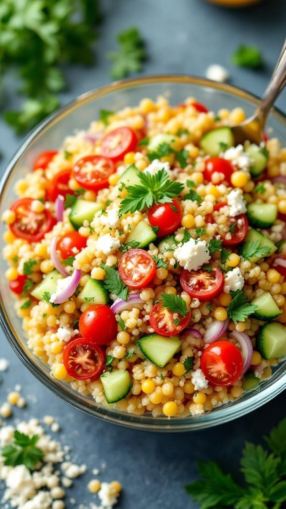 A colorful Mediterranean couscous salad with cherry tomatoes, cucumbers, red onion, and feta cheese in a glass bowl.