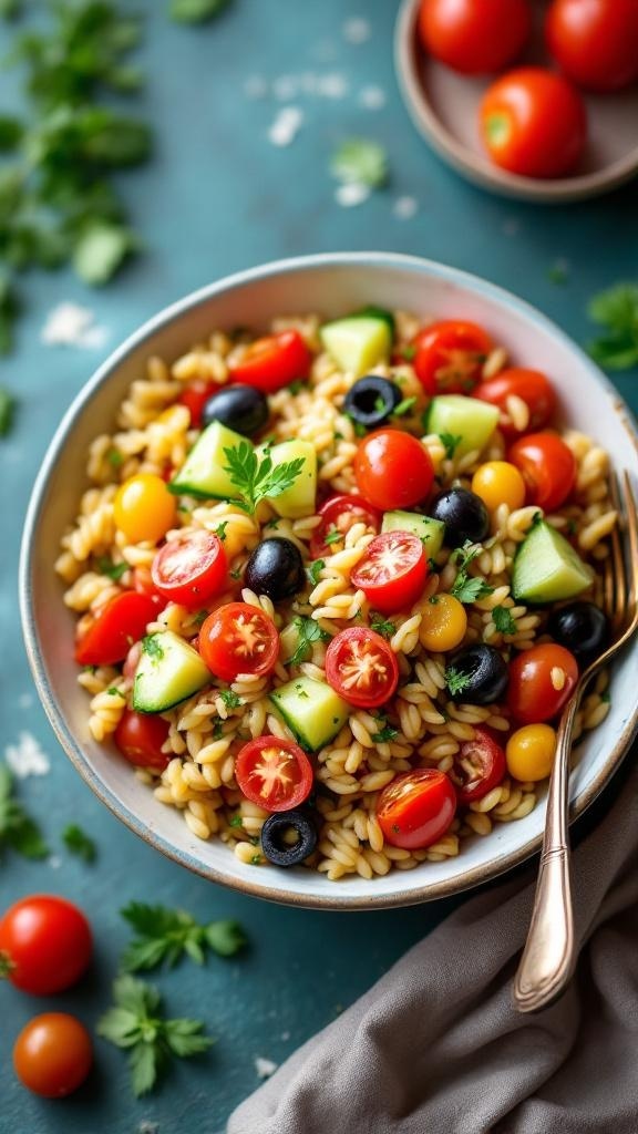 A bowl of vegan Greek orzo salad with cherry tomatoes, cucumbers, and olives.