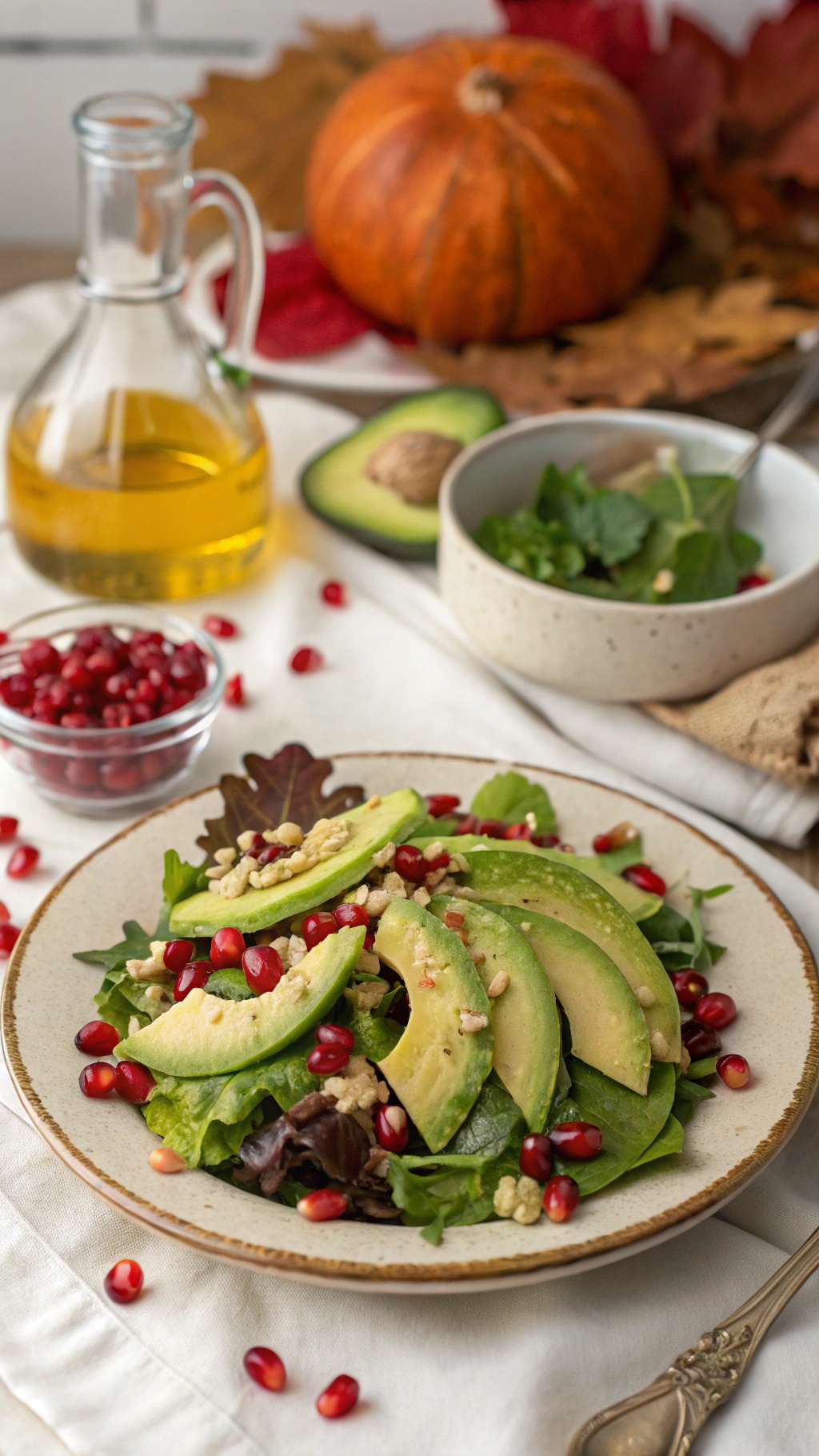 A vibrant salad featuring avocado slices, pomegranate seeds, and mixed greens, set against a backdrop of autumn leaves and a pumpkin.