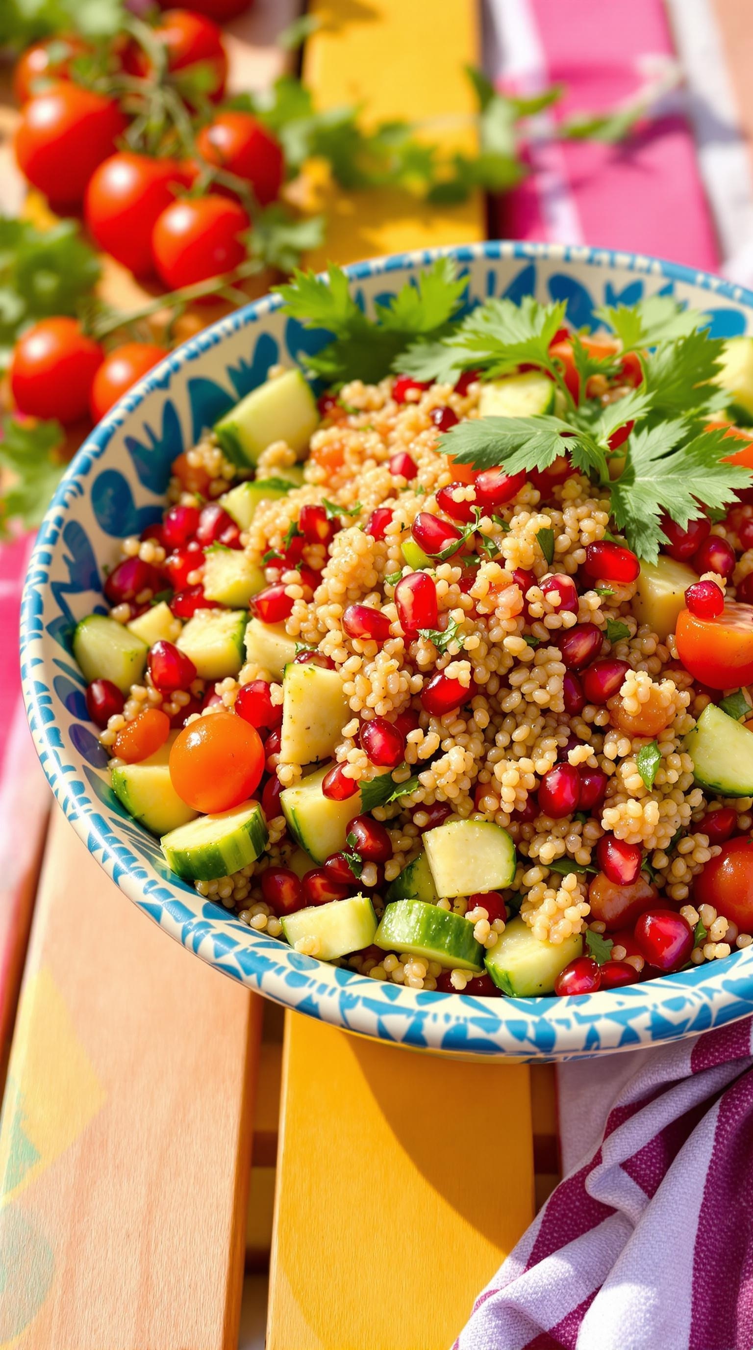 A colorful pomegranate and quinoa salad in a blue bowl, garnished with fresh herbs and surrounded by cherry tomatoes.