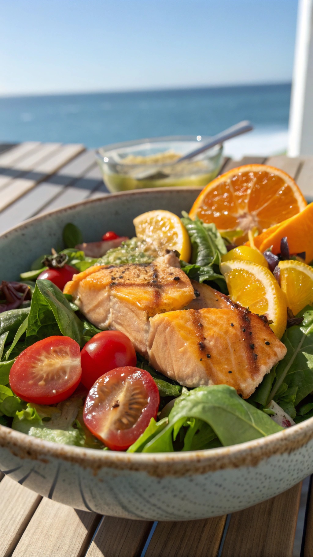 A colorful salmon salad with greens, cherry tomatoes, and citrus slices, served in a bowl.