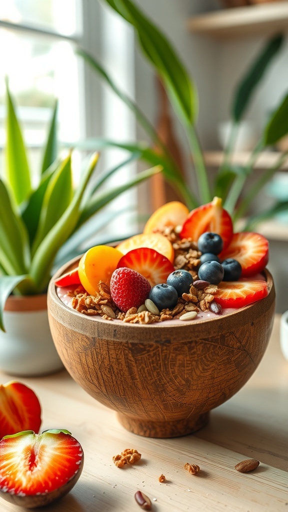A vibrant smoothie bowl topped with fruits and granola, placed on a wooden table with plants in the background.