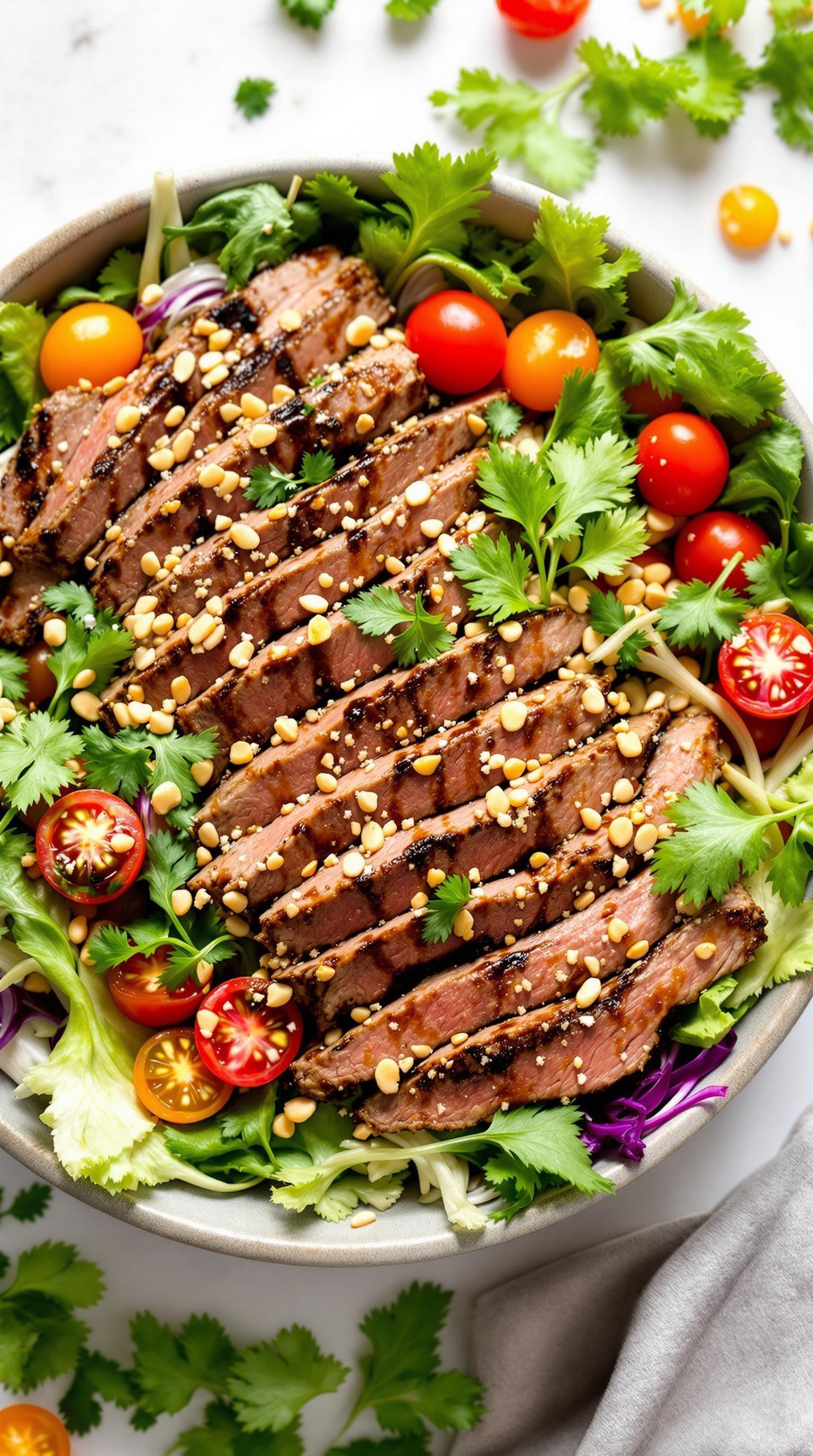 A vibrant Thai beef salad with grilled beef, cherry tomatoes, peanuts, and fresh greens.