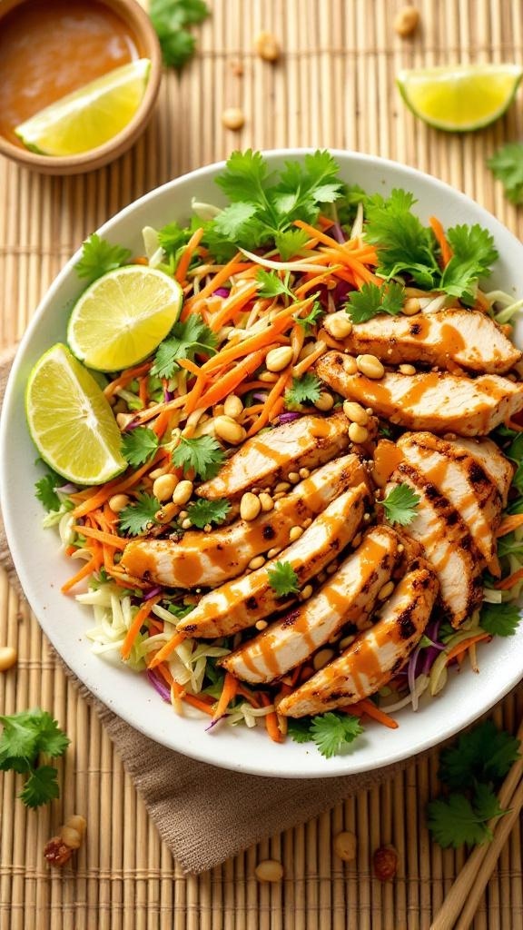 A colorful Thai Chicken Salad with grilled chicken, fresh vegetables, and peanut sauce.