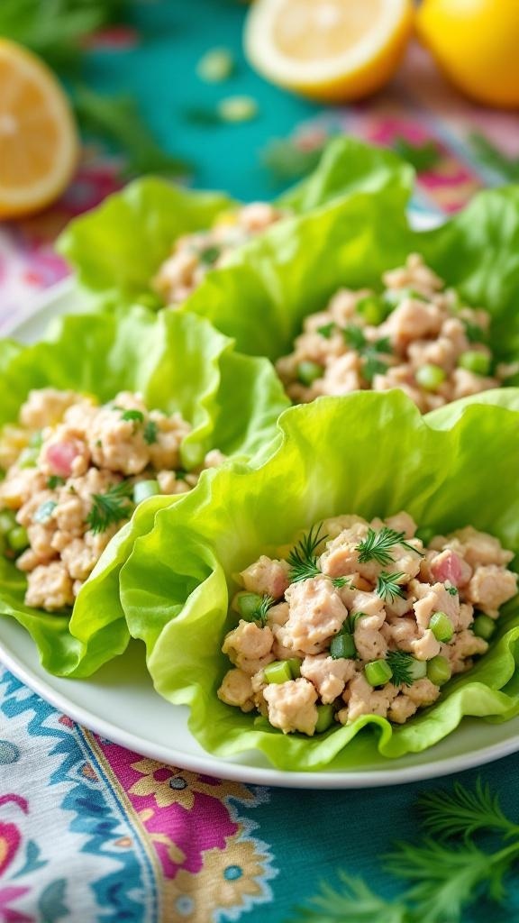 Tuna salad in lettuce wraps on a colorful tablecloth with lemons in the background.