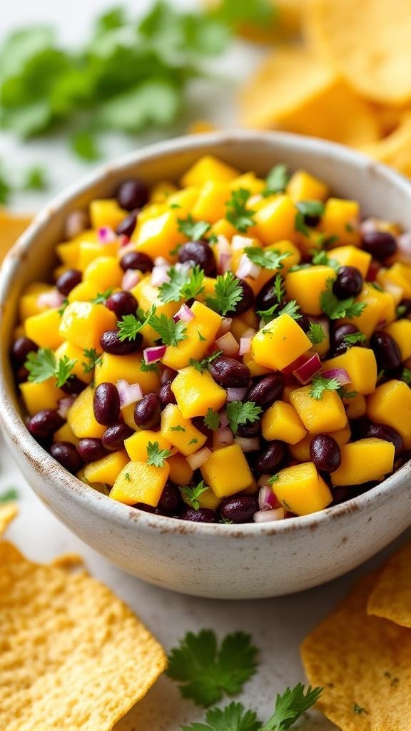 A bowl of mango and black bean salsa with tortilla chips