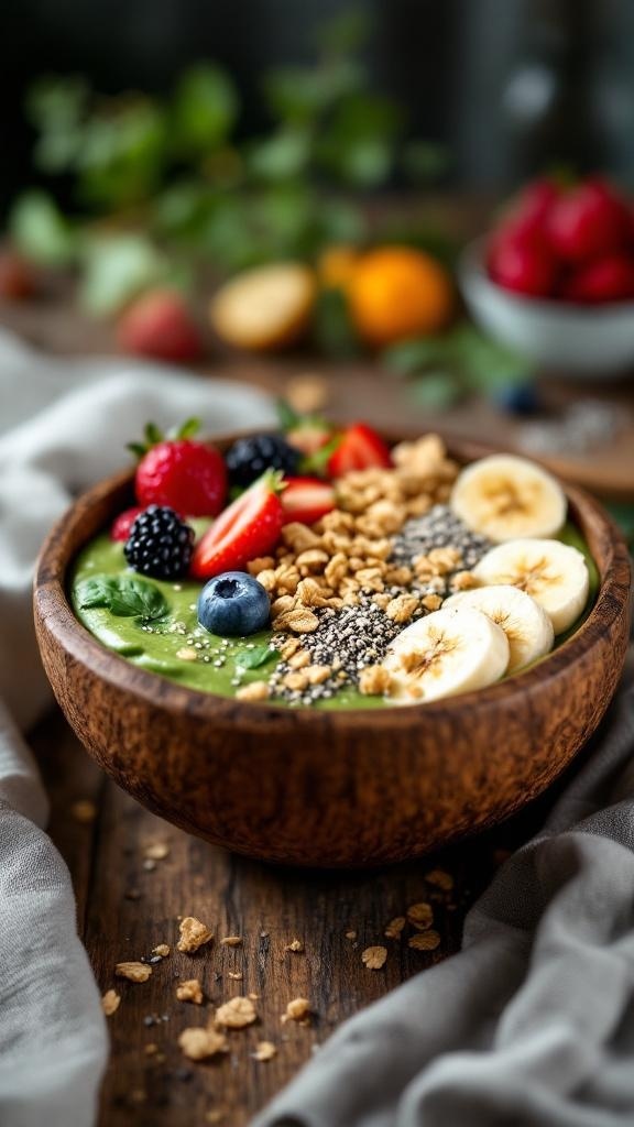 A vibrant vegan smoothie bowl topped with fresh fruits, granola, and chia seeds in a wooden bowl.