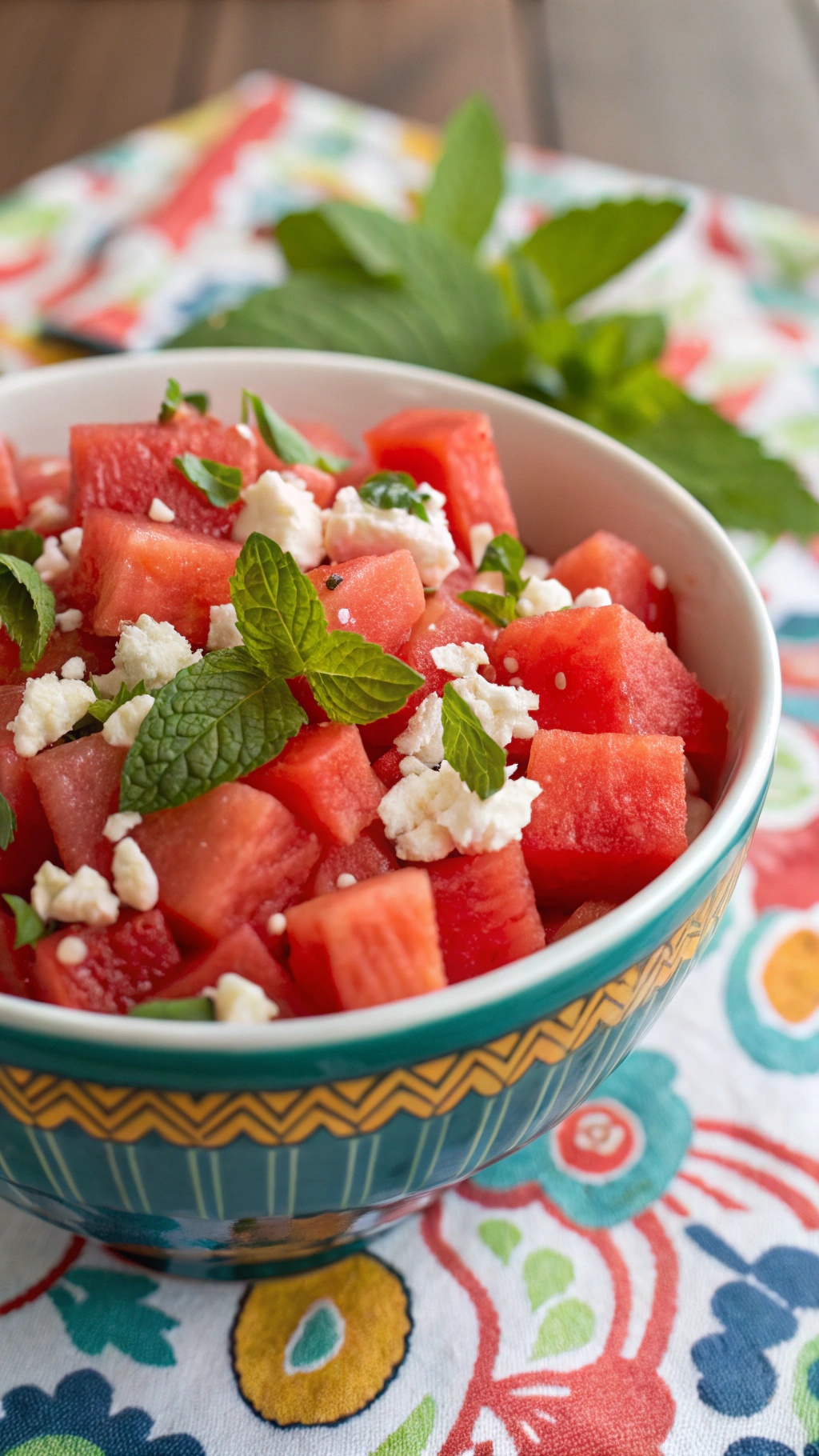 A bowl of watermelon and feta salad garnished with mint leaves.