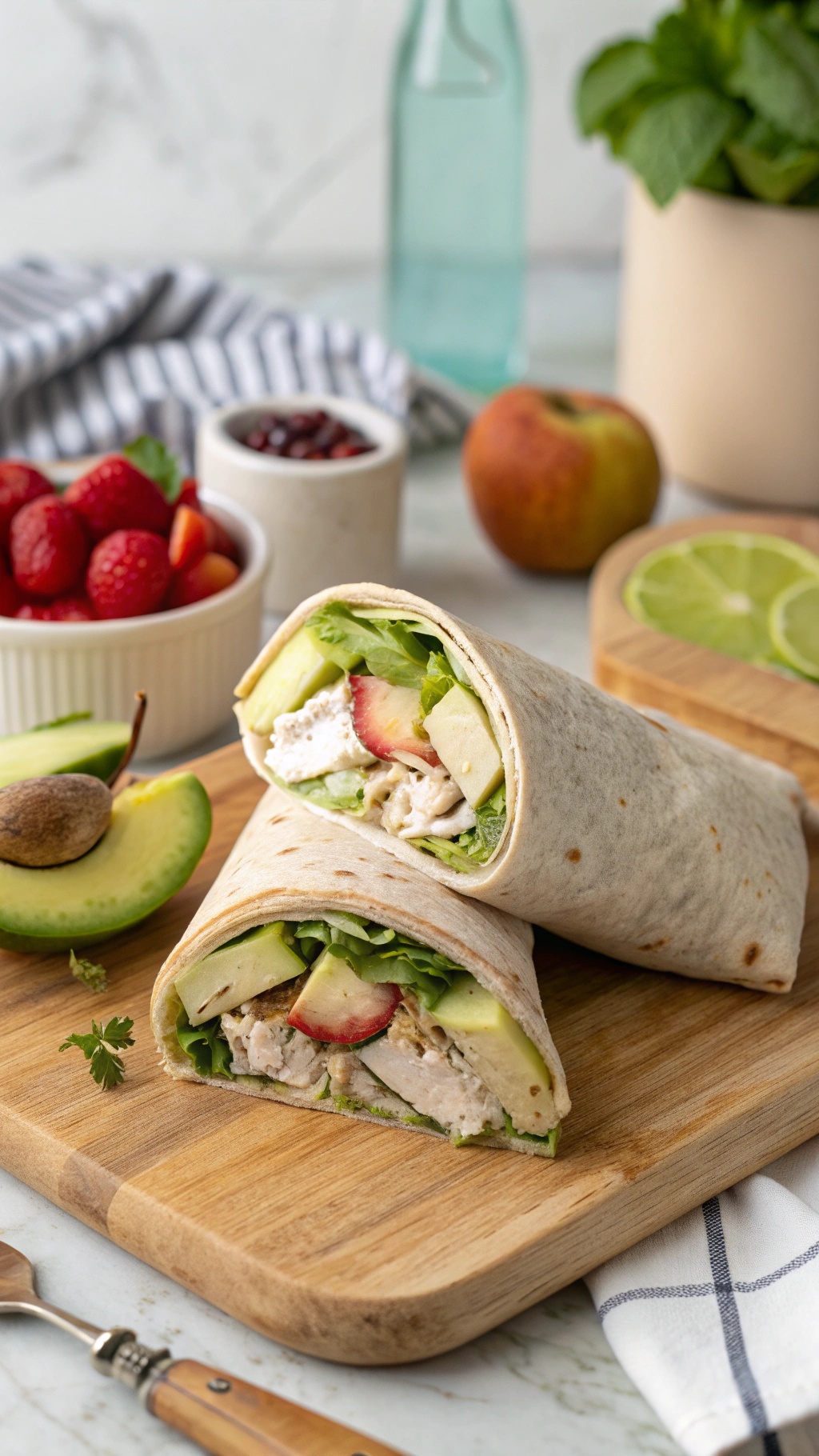 A delicious turkey and avocado wrap cut in half, surrounded by fresh fruits.