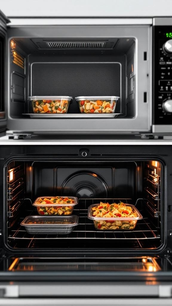 Two different reheating methods: microwave and oven, showing meal prep containers inside.