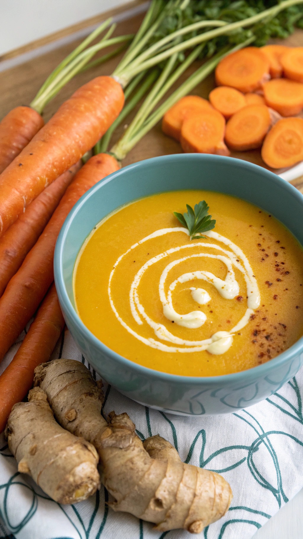 A bowl of ginger carrot soup with fresh carrots and ginger root in the background.
