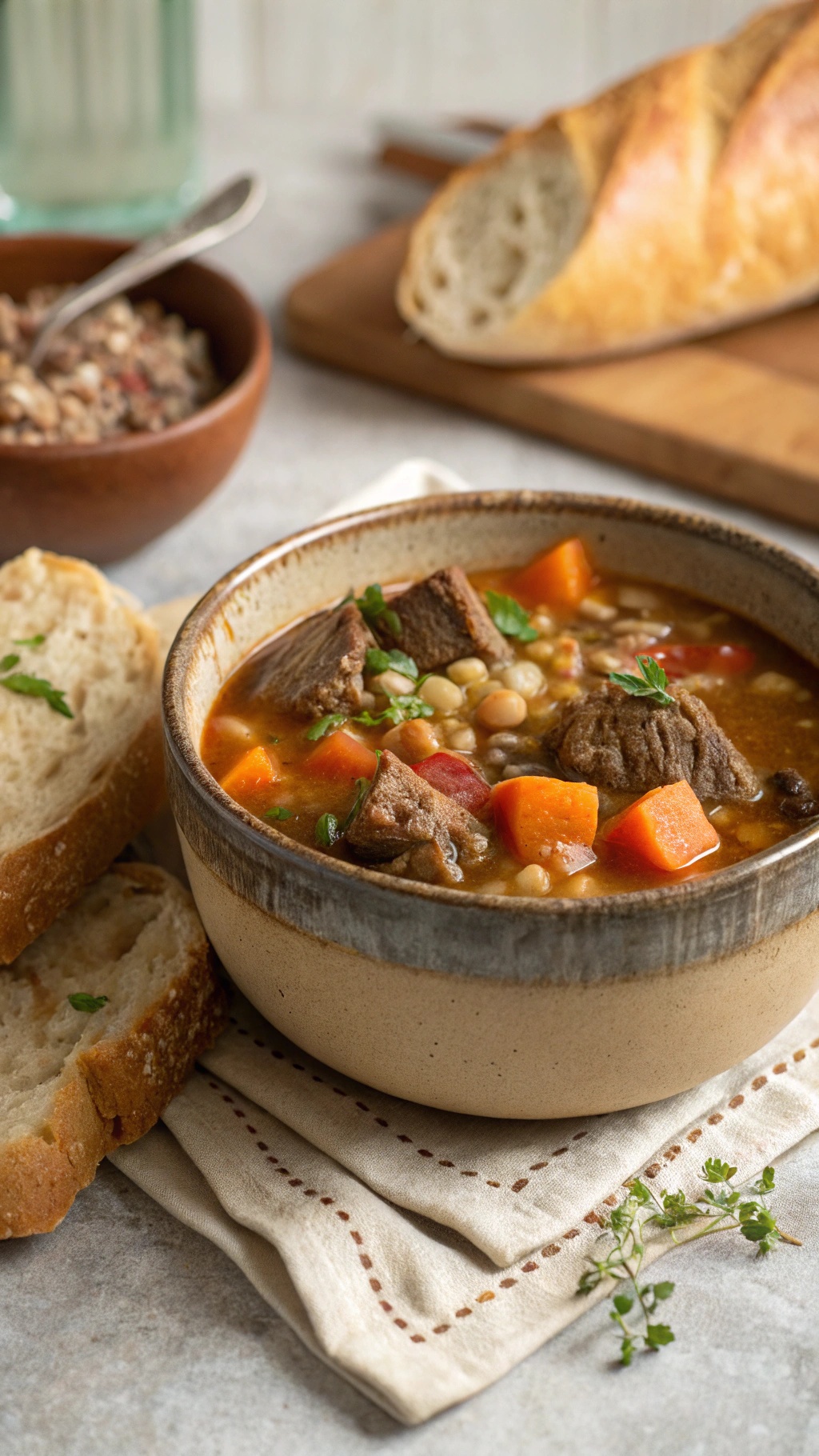 A bowl of hearty beef and barley soup with vegetables, served with slices of bread.
