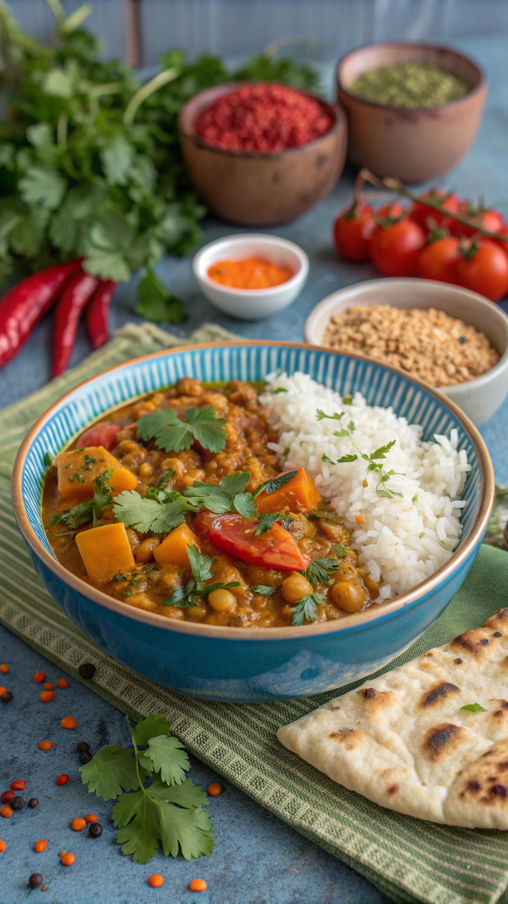 A bowl of lentil and vegetable curry with rice and naan, garnished with cilantro.
