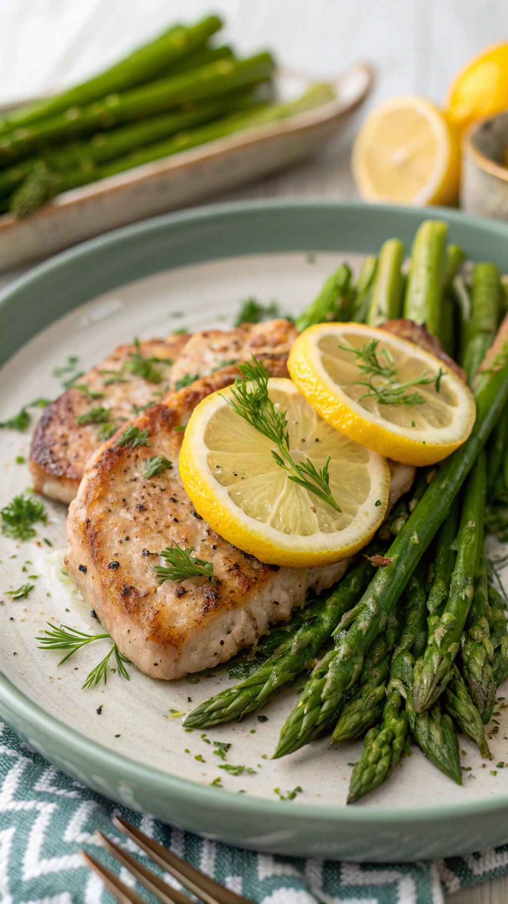 Lemon-dill pork chops served with asparagus and lemon slices