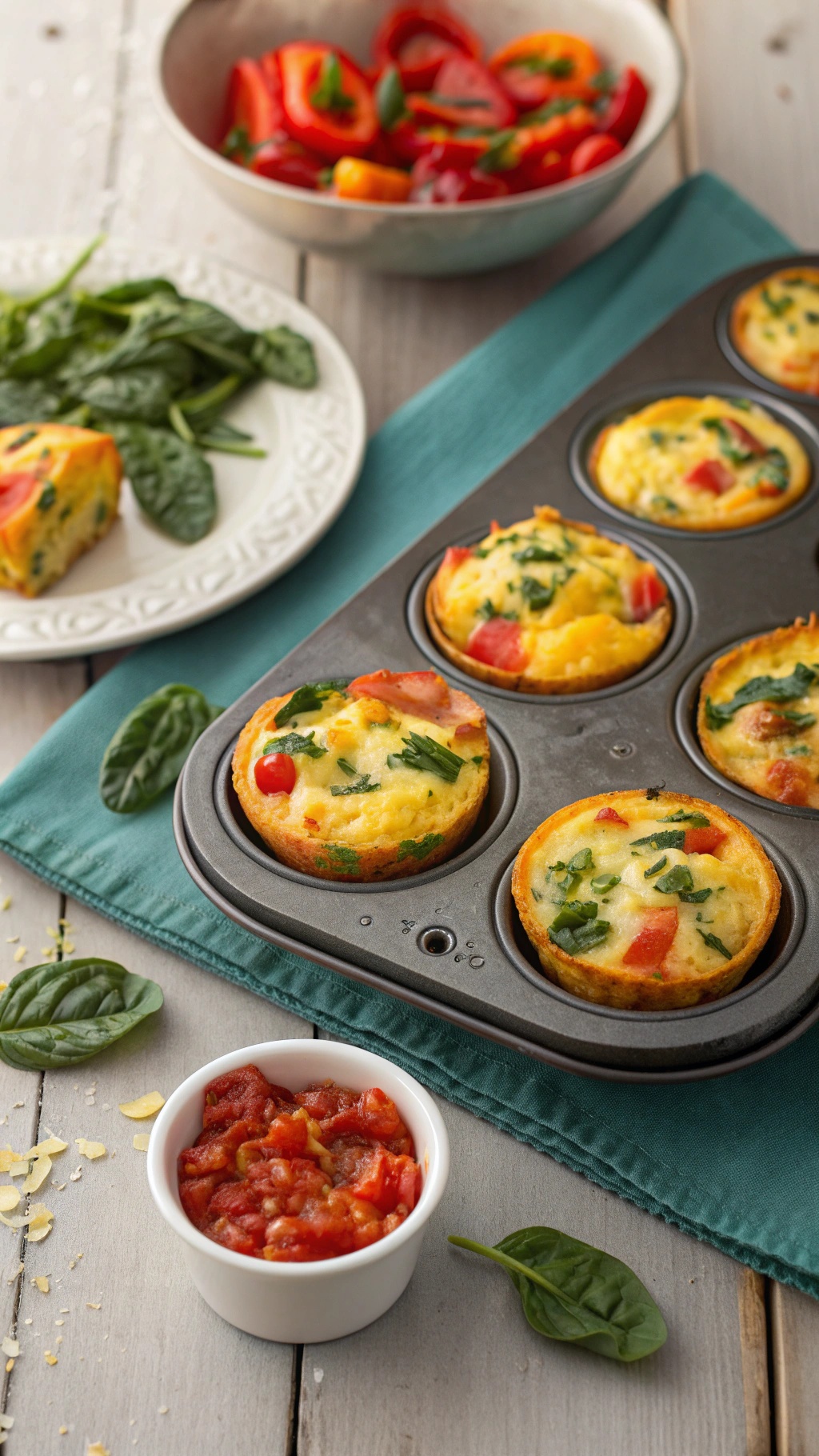 A tray of colorful egg muffins with spinach and bell peppers, served with salsa.
