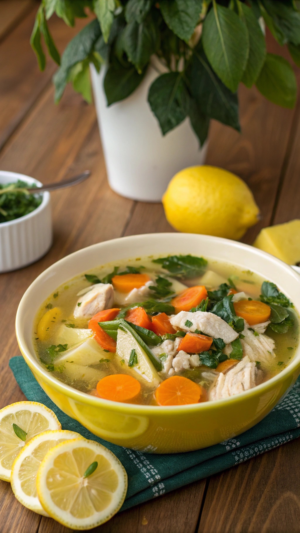 A bowl of zesty lemon chicken soup with colorful vegetables and fresh herbs.