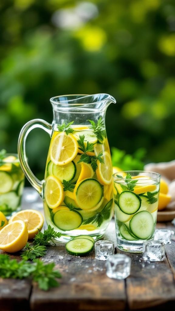 A pitcher of lemon cucumber water with slices of lemon and cucumber, garnished with mint leaves, on a wooden table.
