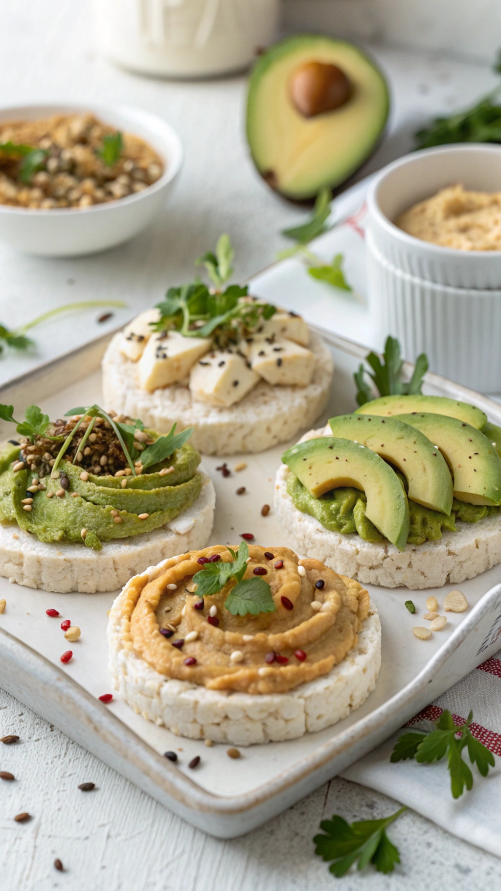 Rice cakes topped with avocado, hummus, green spread, and cheese, garnished with herbs and seeds.