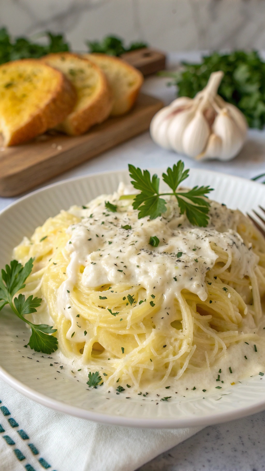 A plate of spaghetti squash topped with creamy Alfredo sauce, garnished with parsley, and served with garlic bread.