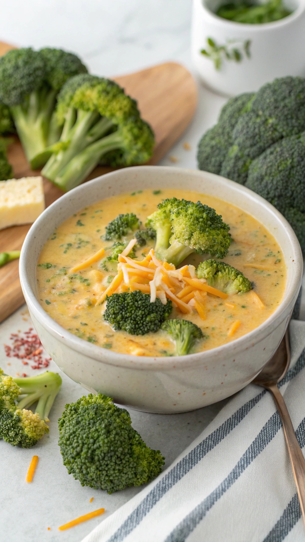 A bowl of rich and creamy broccoli cheddar soup garnished with broccoli florets and shredded cheese, surrounded by fresh broccoli on a wooden board.