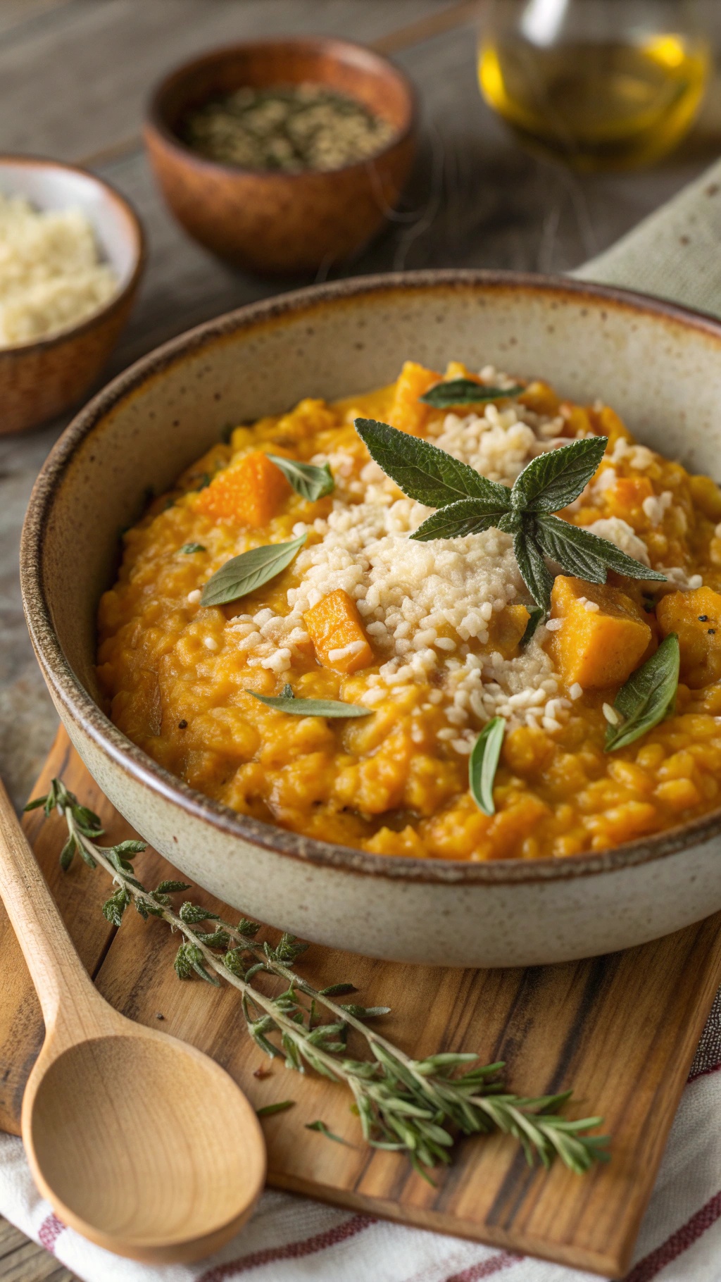 A bowl of rich and creamy butternut squash risotto topped with herbs and cheese.