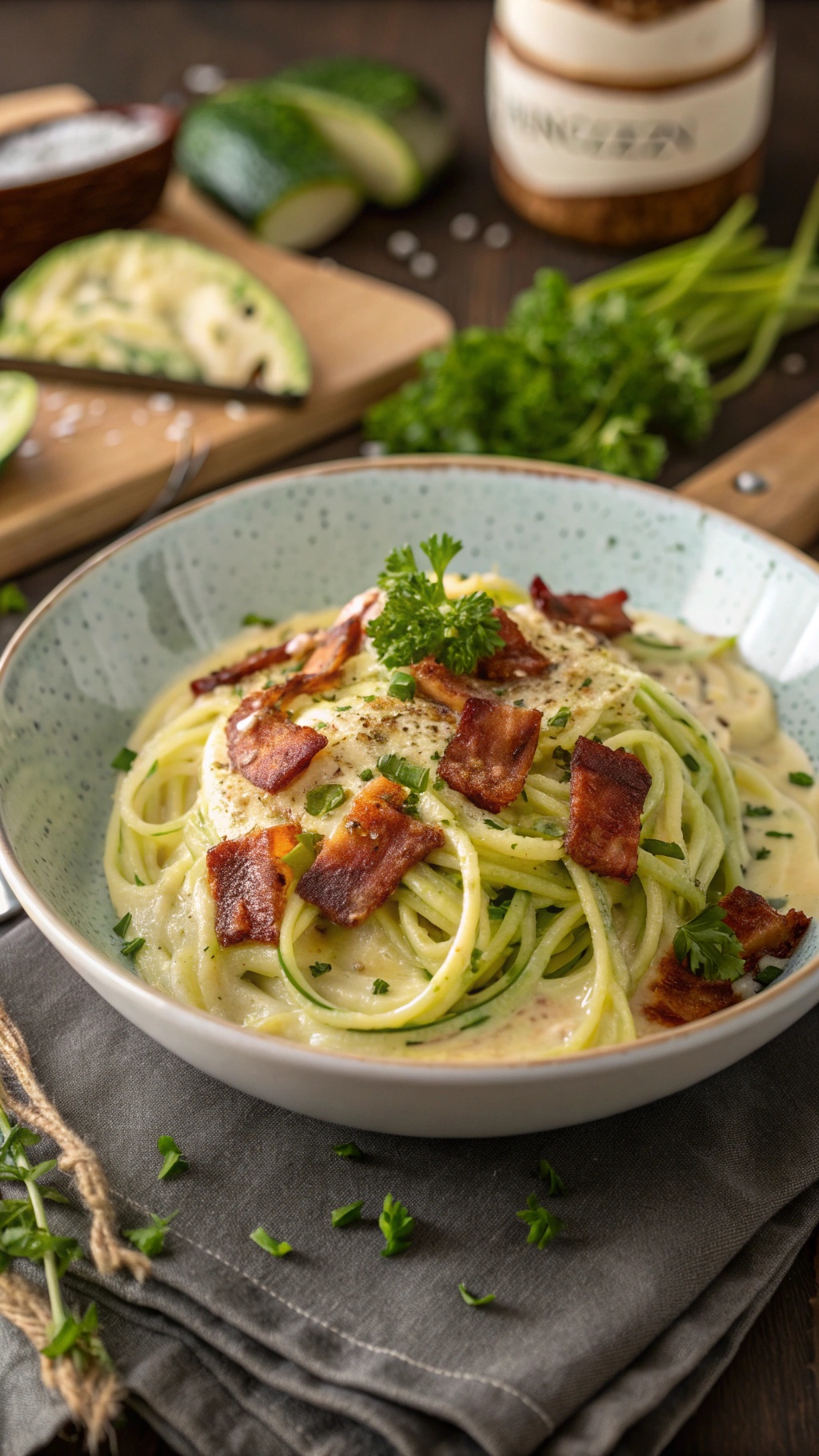 A bowl of creamy carbonara with zoodles, topped with crispy bacon and parsley.