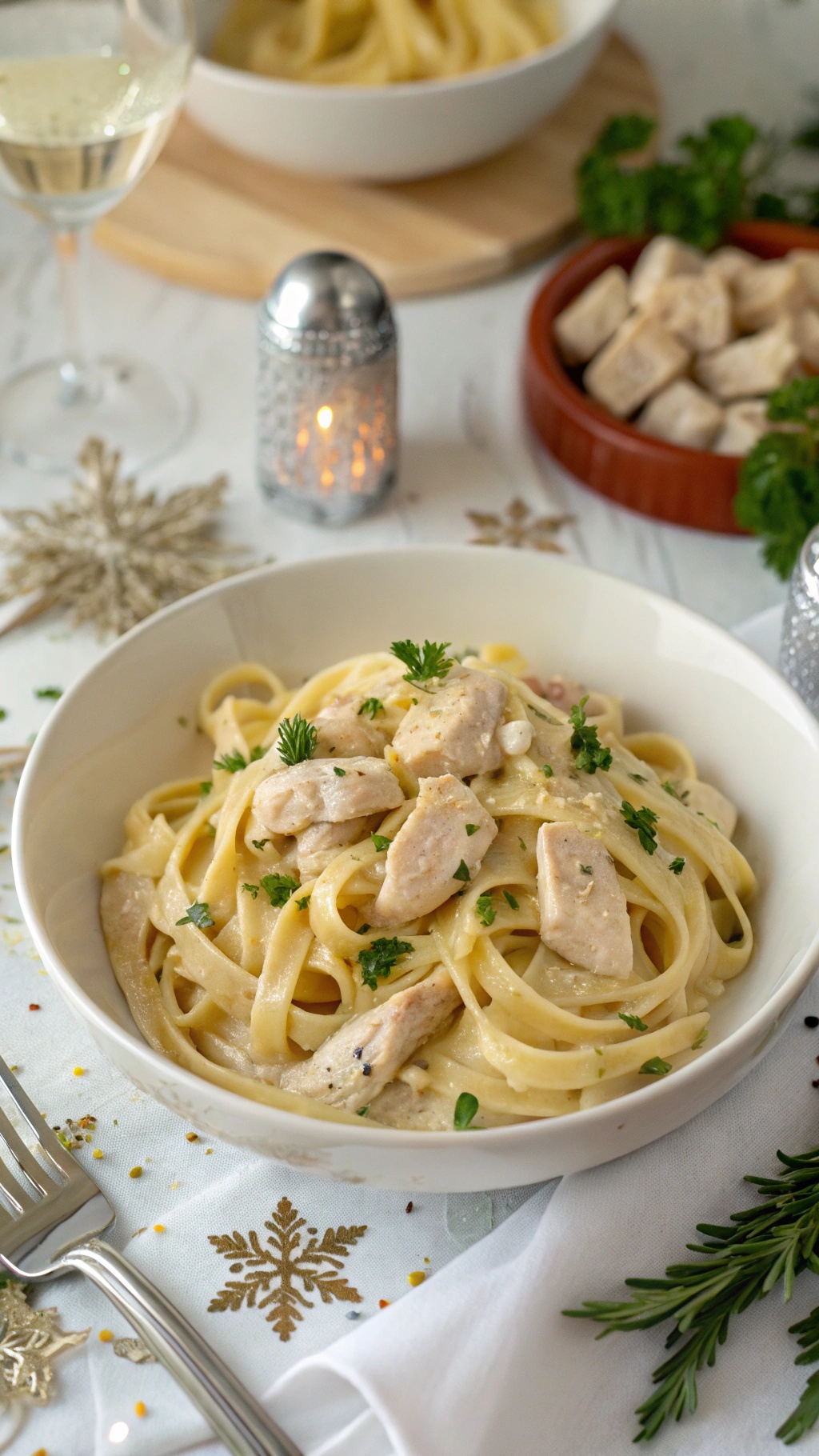 A bowl of creamy chicken Alfredo pasta with fettuccine, topped with parsley, and a glass of white wine in the background.