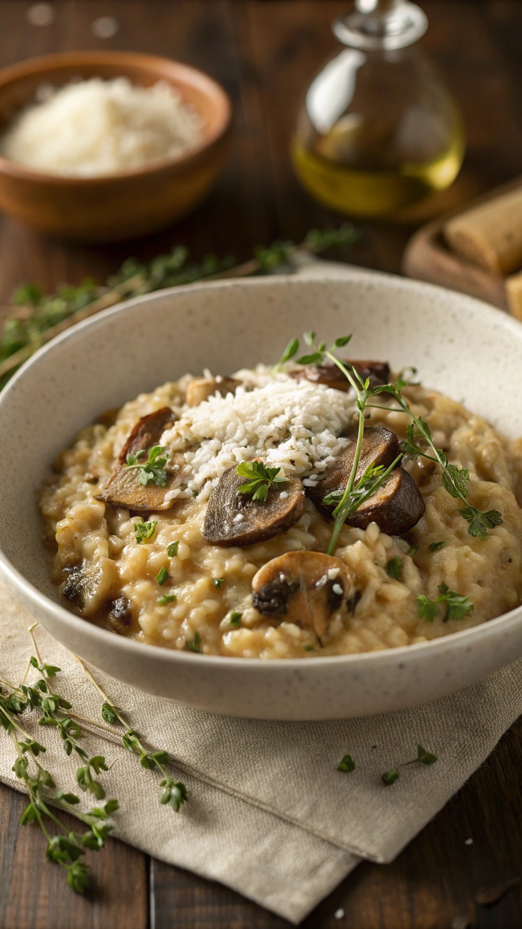 A bowl of rich and creamy mushroom risotto topped with mushrooms and herbs.