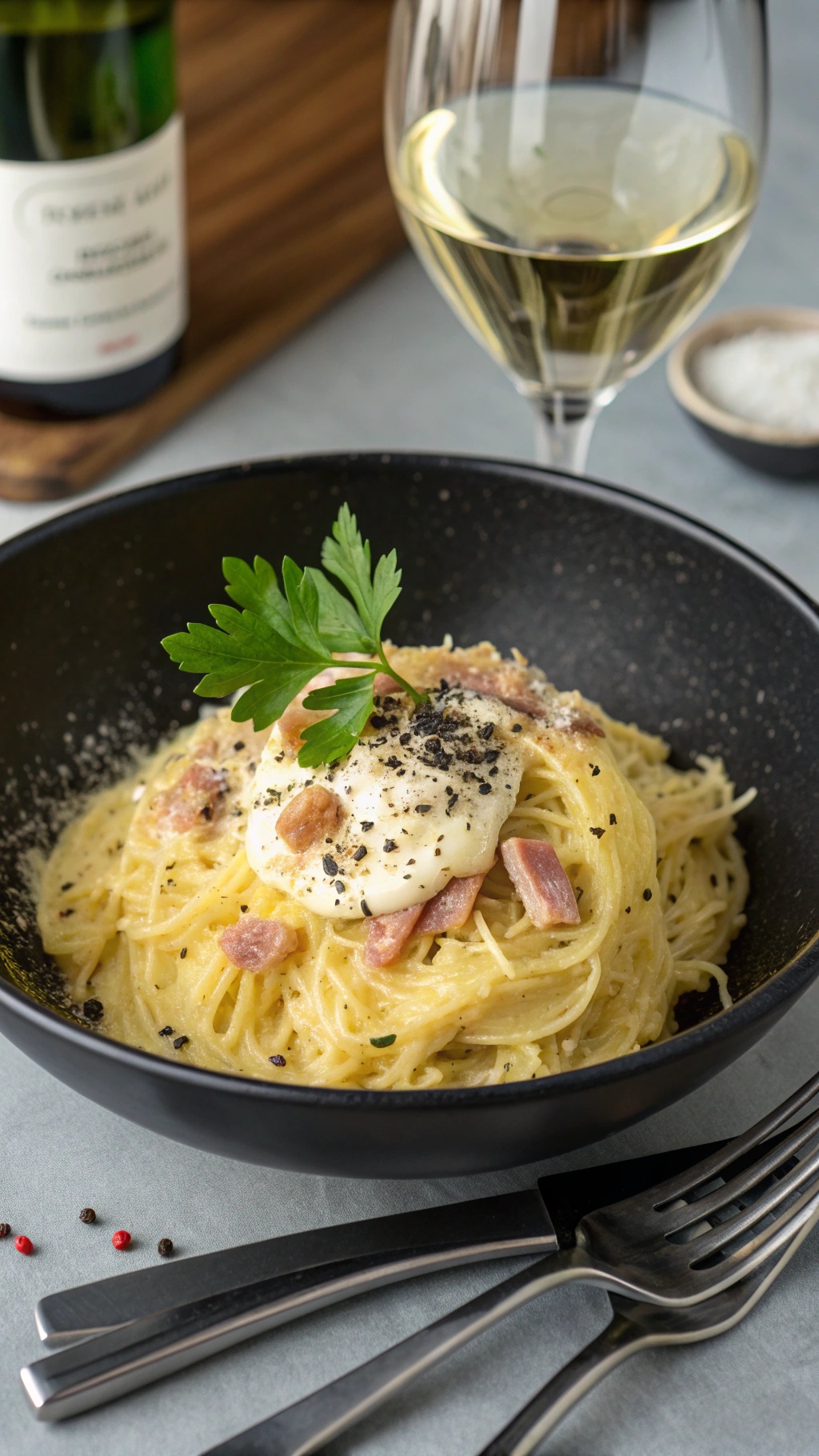 A bowl of spaghetti squash carbonara topped with pancetta and a poached egg, with a glass of white wine in the background.