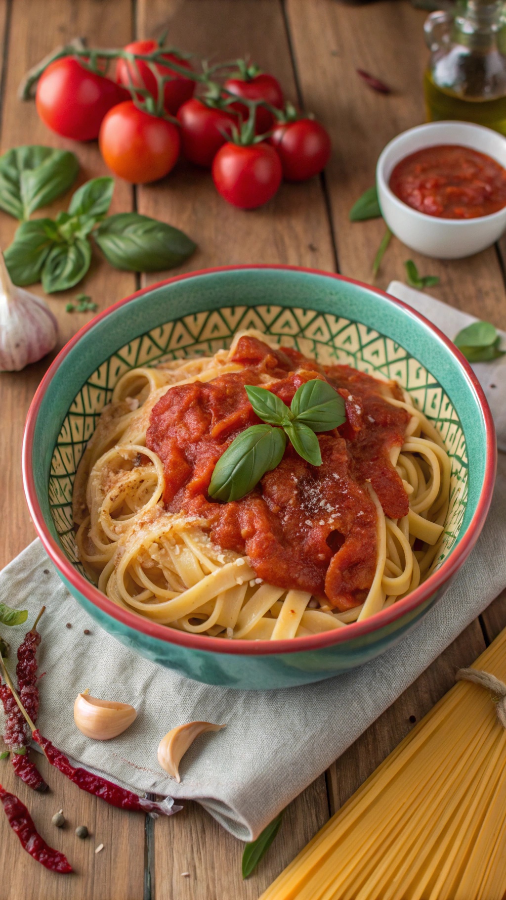 A bowl of creamy tomato basil pasta topped with sauce and basil leaves, surrounded by fresh tomatoes and garlic.