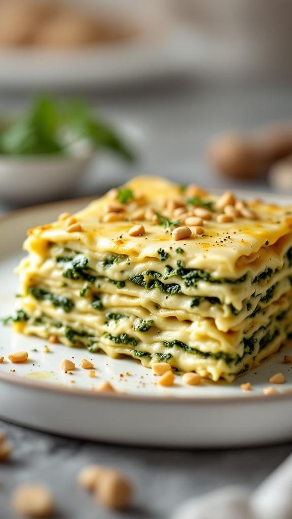 A deliciously layered white lasagna with pesto, topped with pine nuts.