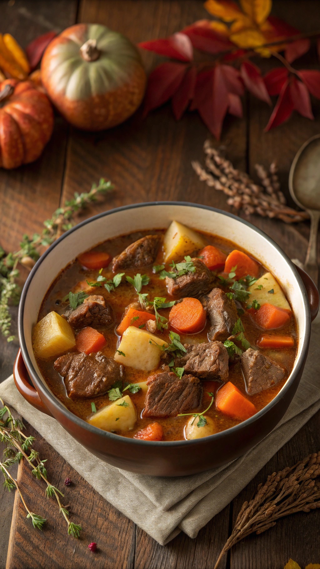 A warm bowl of beef stew with carrots and potatoes, surrounded by autumn decorations.