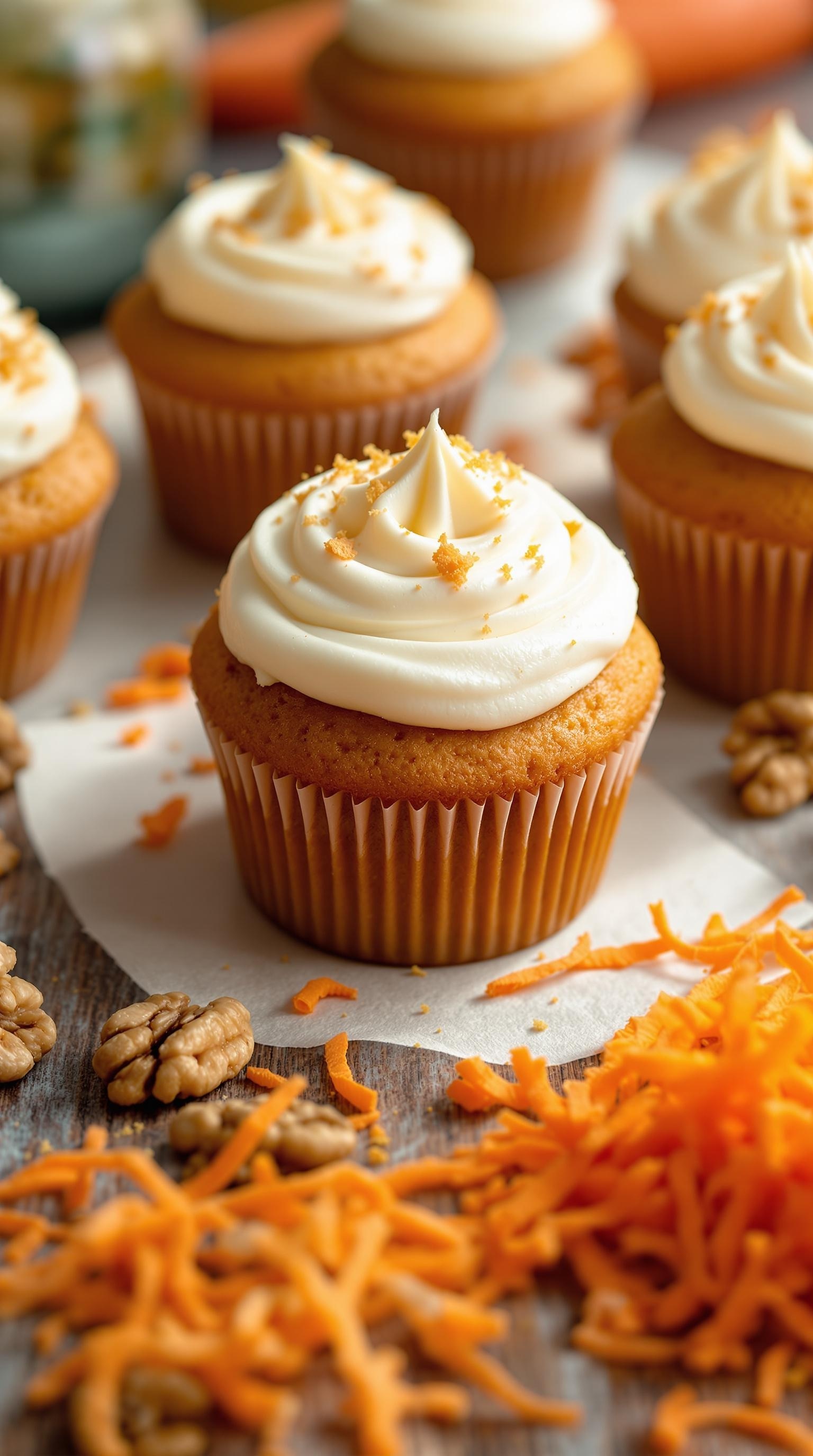 Delicious carrot cake muffins topped with cream cheese frosting and garnished with carrot shavings and walnuts.
