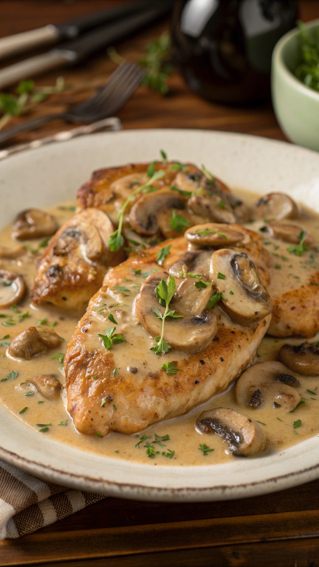 Plate of Rich Creamy Mushroom Chicken with mushrooms and herbs