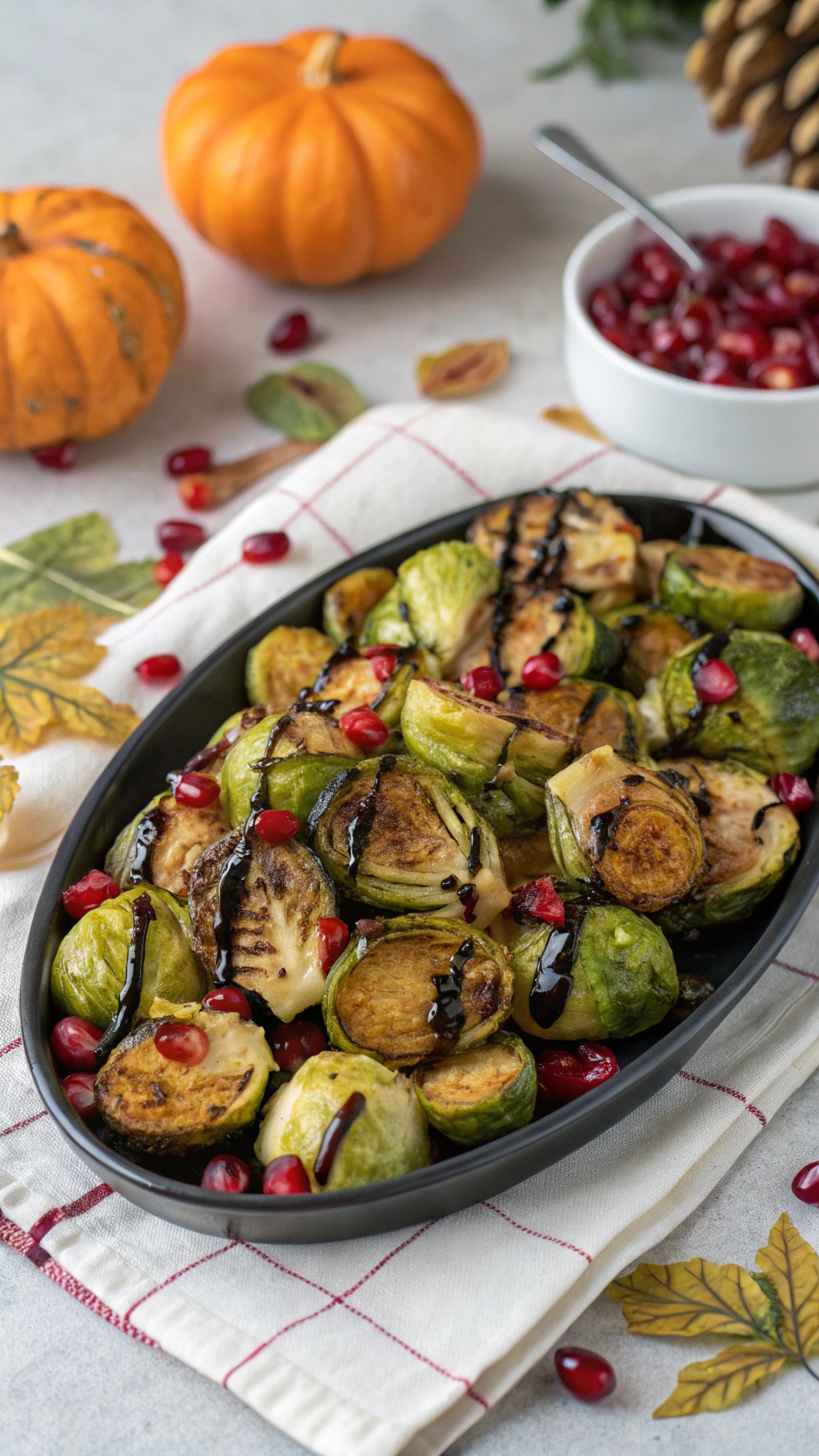 A dish of roasted Brussels sprouts with balsamic glaze, garnished with pomegranate seeds, surrounded by autumn decorations.