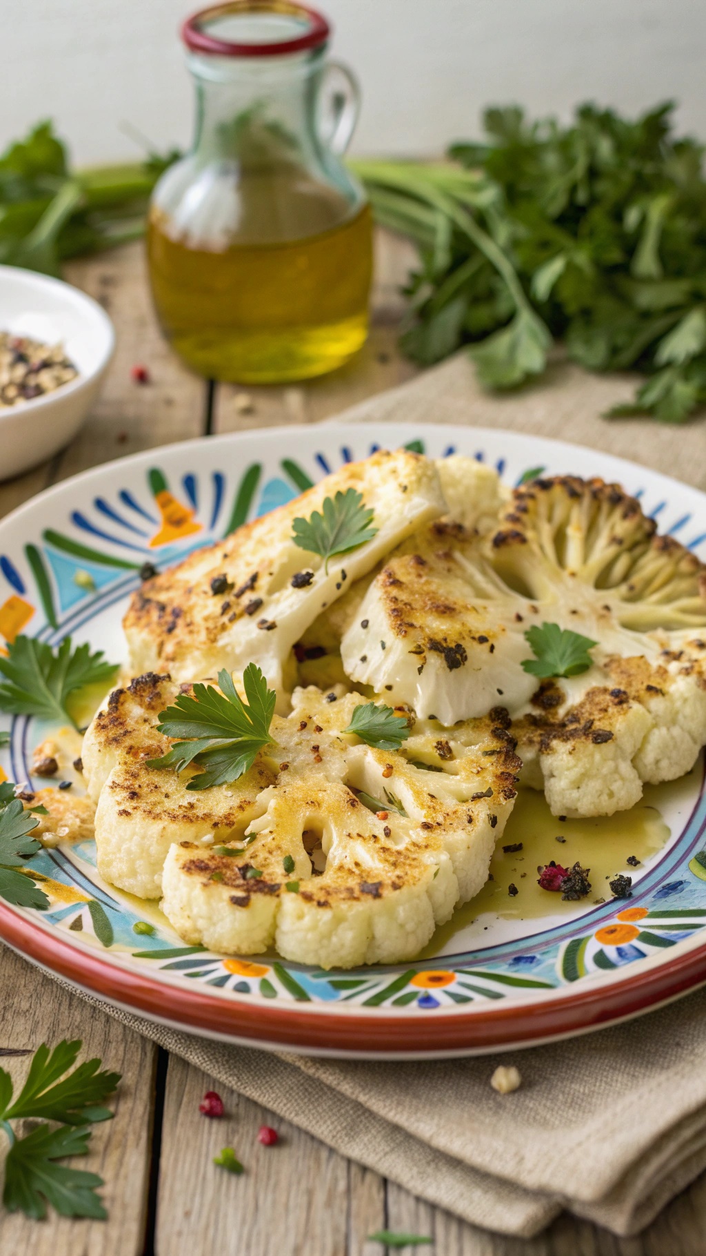Roasted cauliflower steaks garnished with parsley on a colorful plate with olive oil in the background.