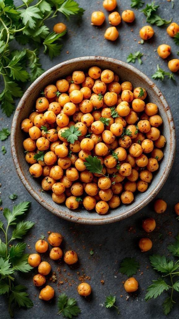 A bowl of roasted chickpeas garnished with fresh herbs, surrounded by scattered chickpeas and parsley.