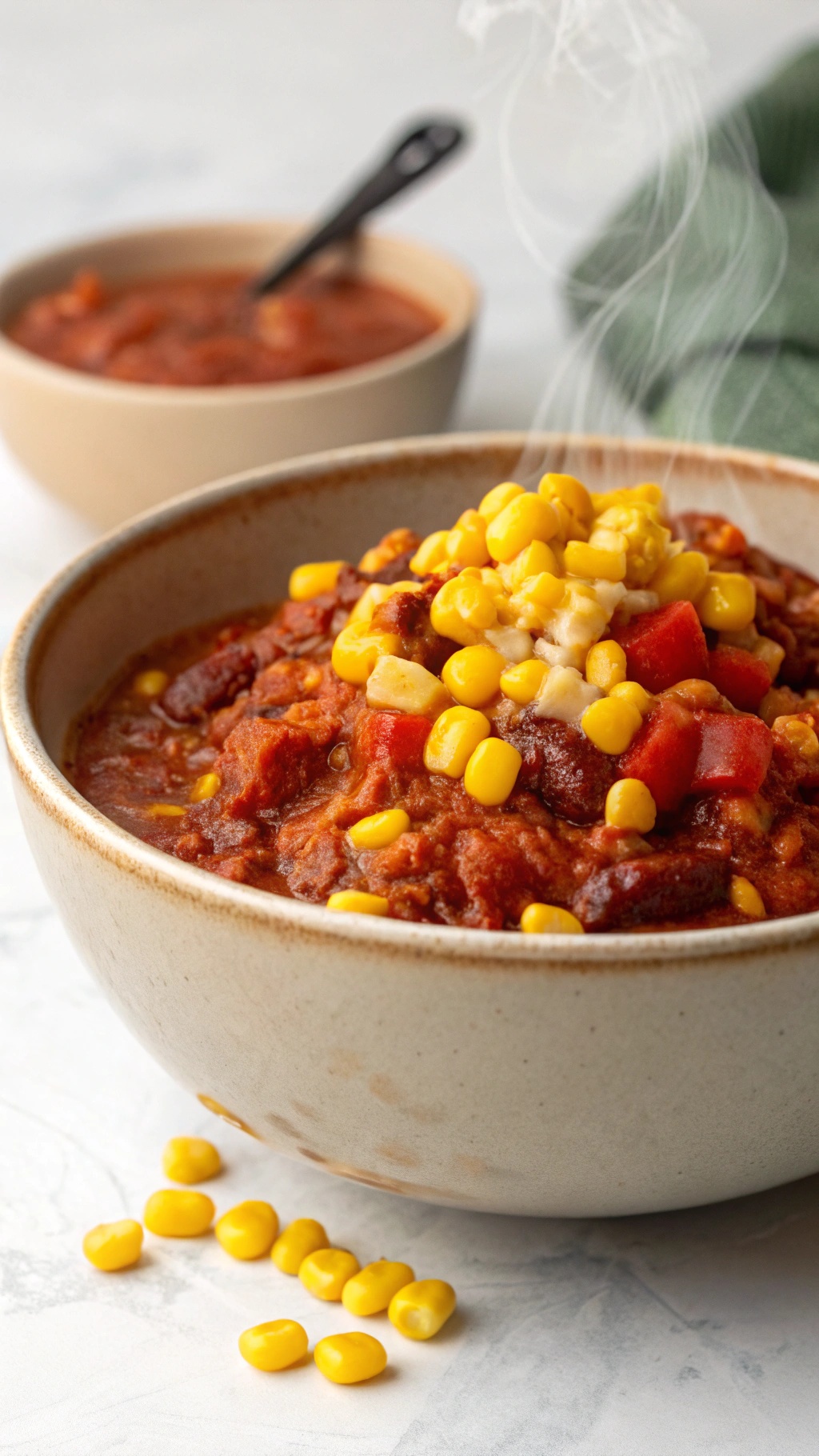 A bowl of chili topped with roasted corn and diced peppers, with a second bowl of chili in the background.