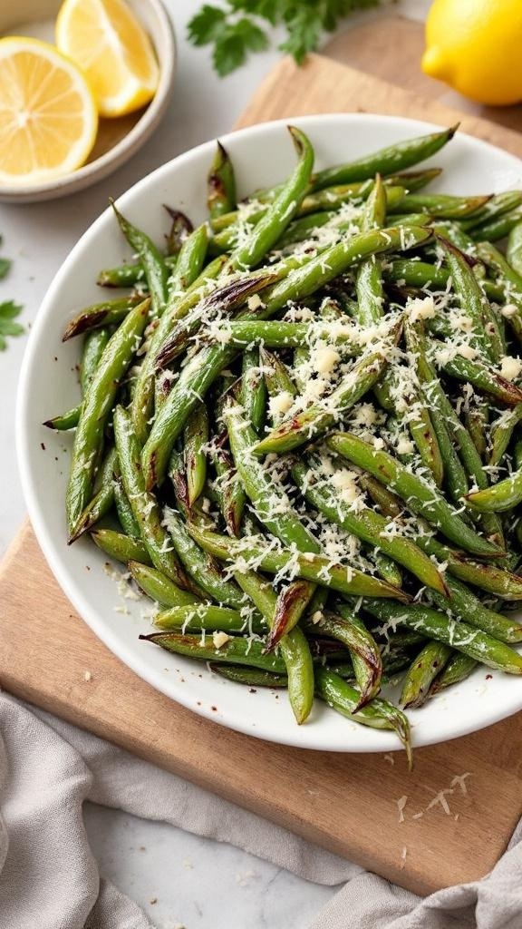 A bowl of roasted green beans topped with Parmesan cheese, with lemon slices in the background.