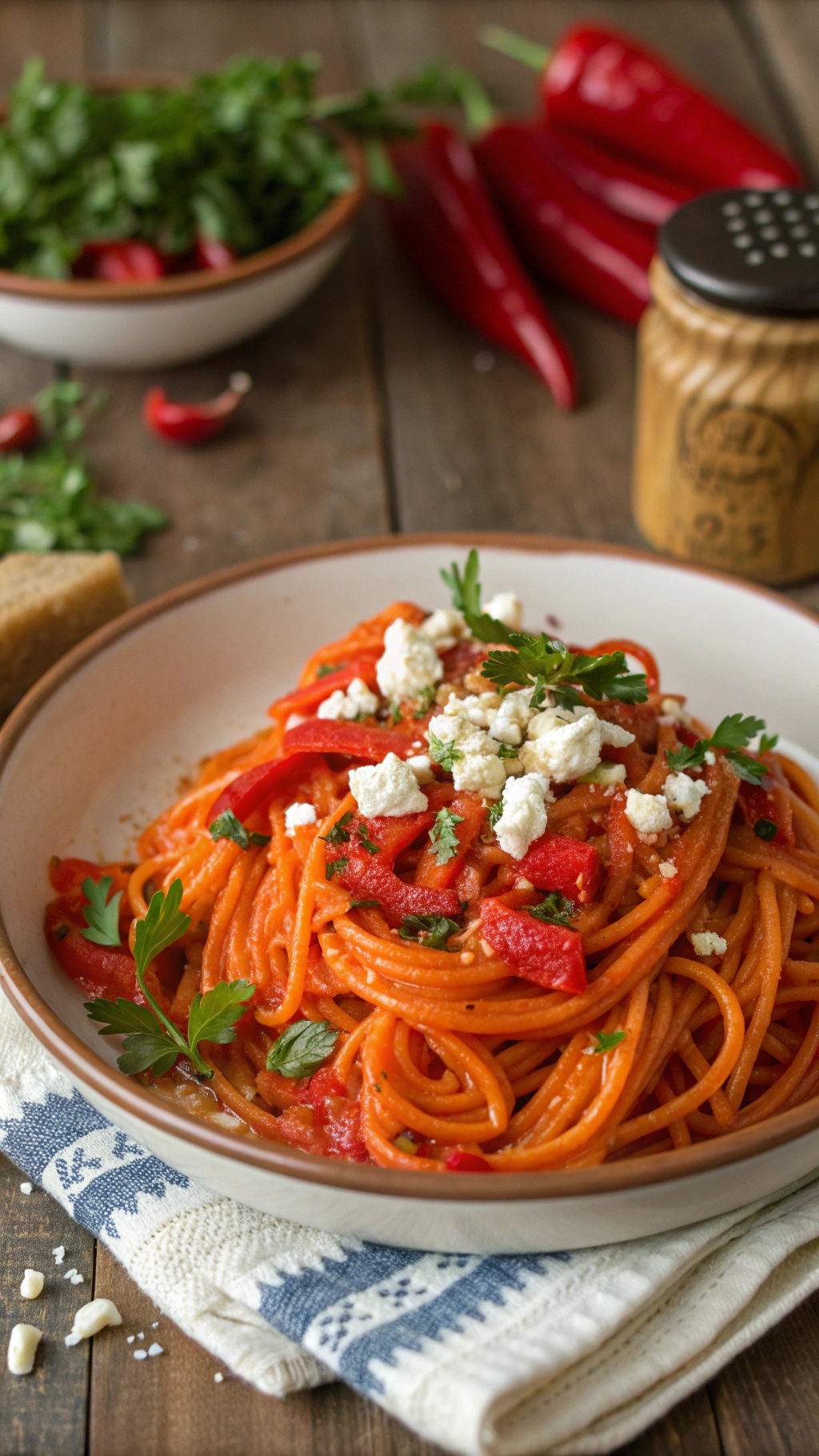 A bowl of roasted red pepper and feta spaghetti topped with parsley and feta cheese.