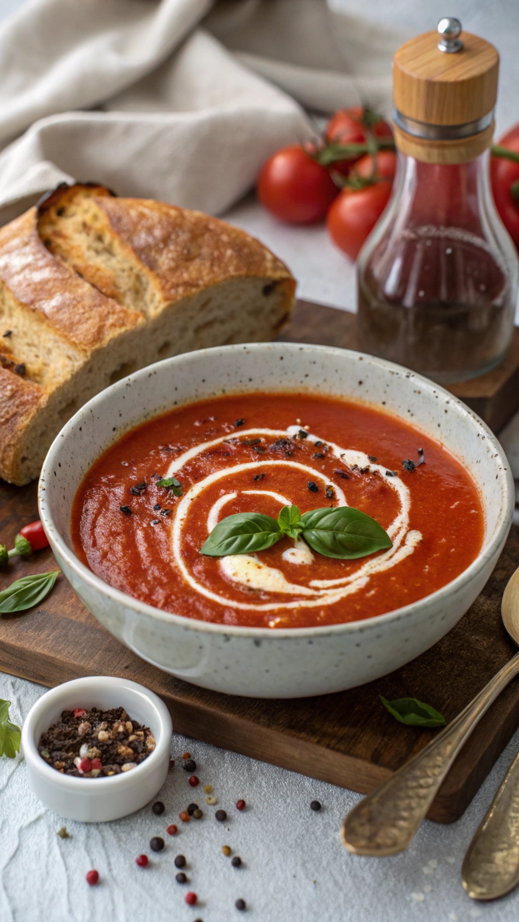 A bowl of roasted red pepper and tomato soup garnished with cream and basil, served with bread on the side.