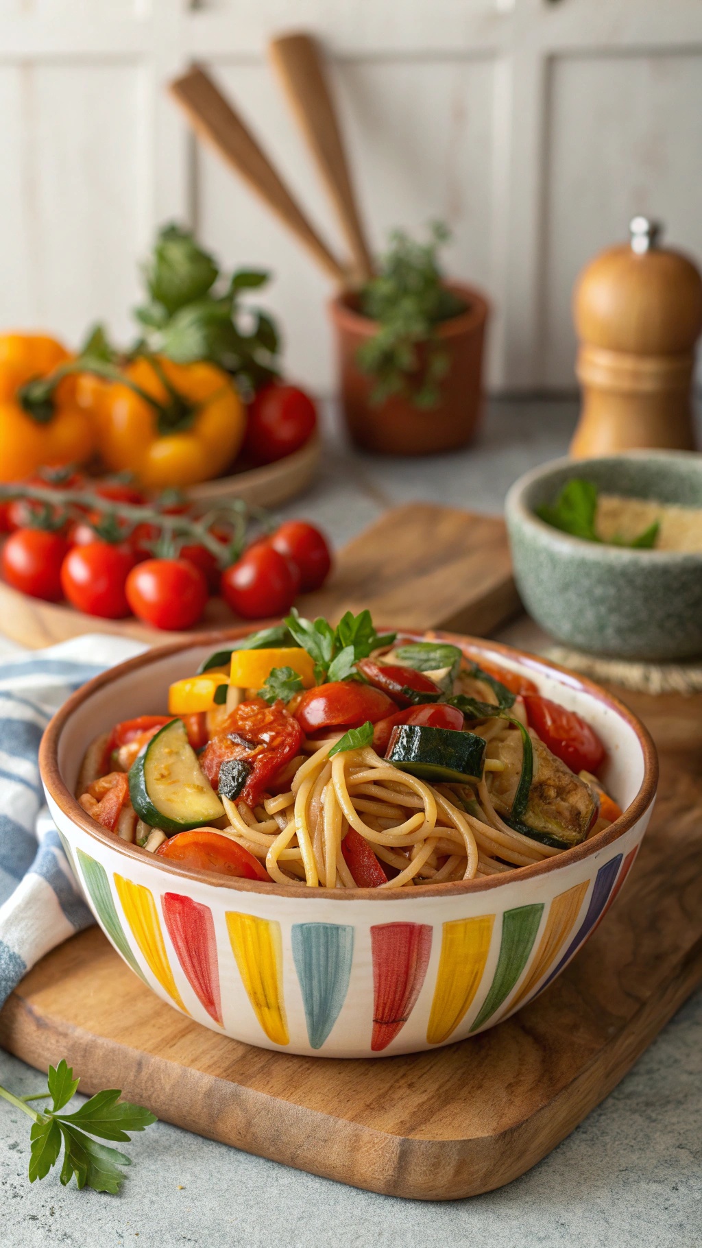 A colorful bowl of roasted vegetable spaghetti with zucchini, bell peppers, and cherry tomatoes, garnished with parsley.