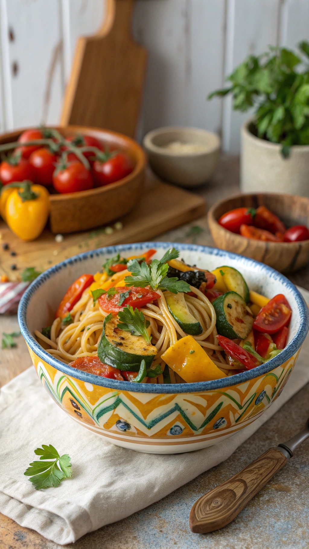 A colorful bowl of roasted vegetable spaghetti topped with parsley, surrounded by fresh tomatoes and peppers.