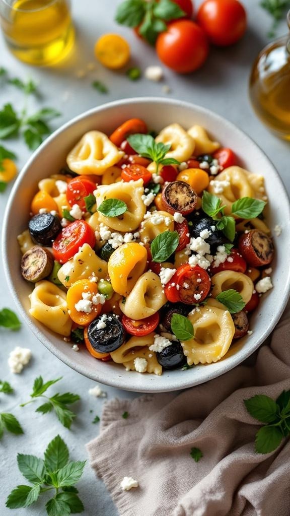 A bowl of roasted vegetable tortellini with colorful vegetables and fresh herbs.