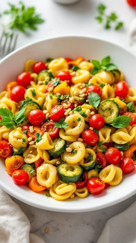 A bowl of roasted vegetable tortellini with pesto, featuring colorful cherry tomatoes, zucchini, and fresh herbs.