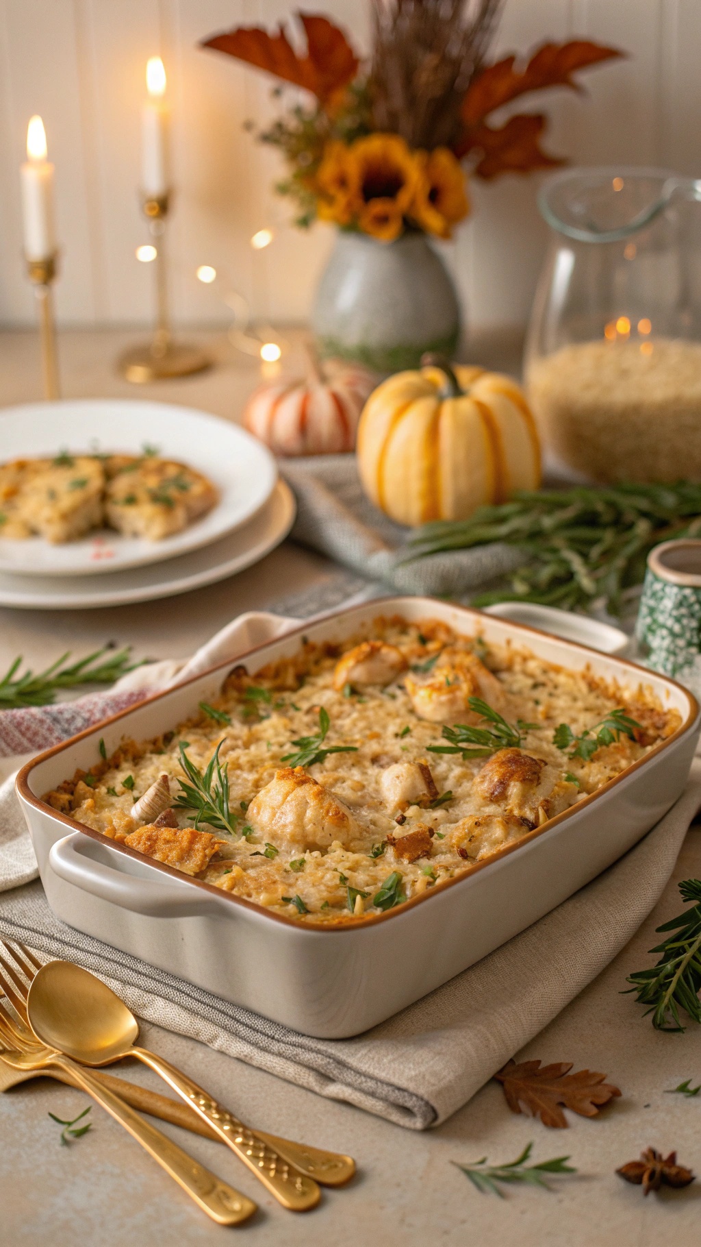 A delicious chicken and rice casserole served in a baking dish, surrounded by fall decorations.