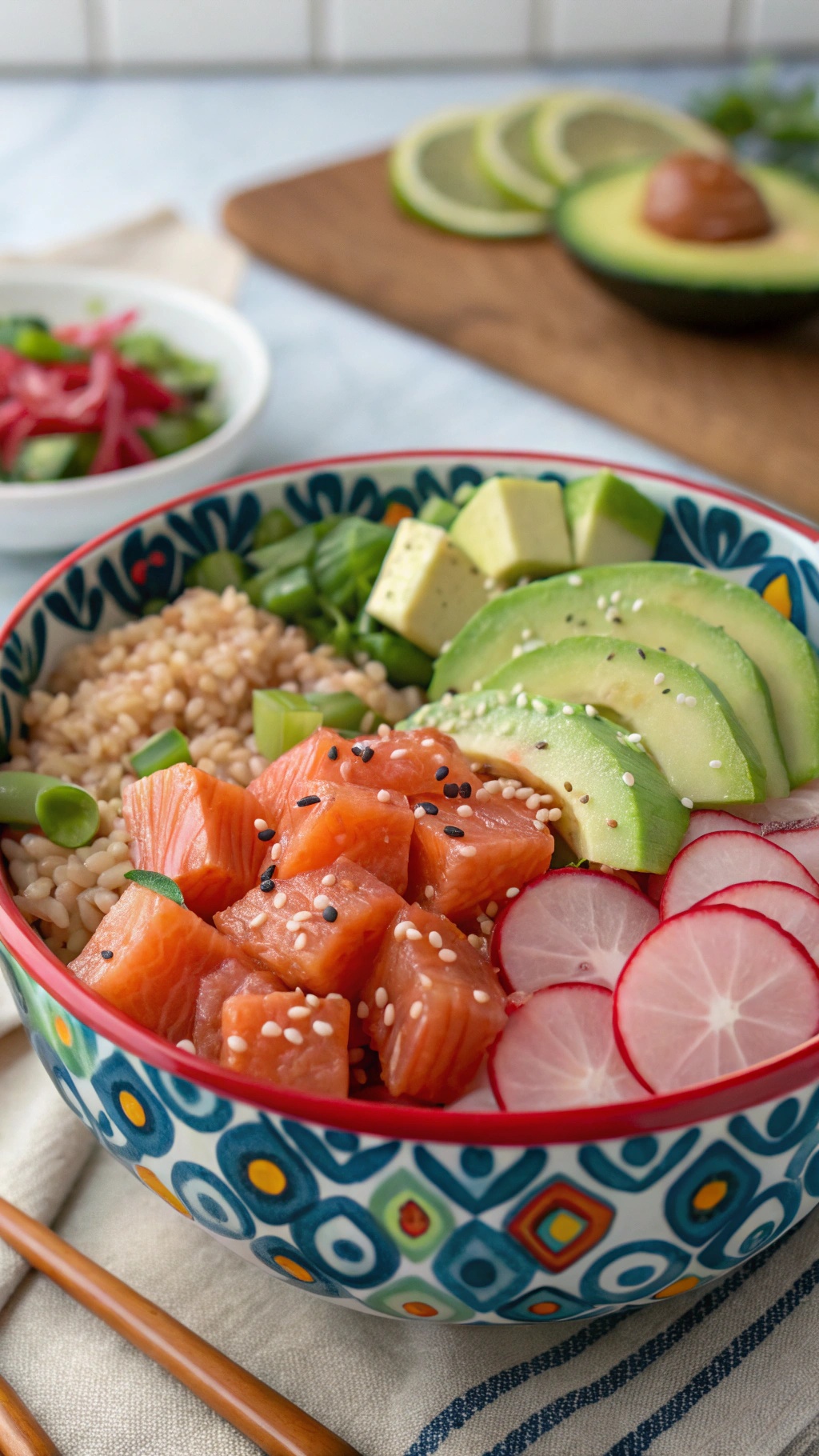 A colorful salmon poke bowl with brown rice, avocado, radishes, and sesame seeds.