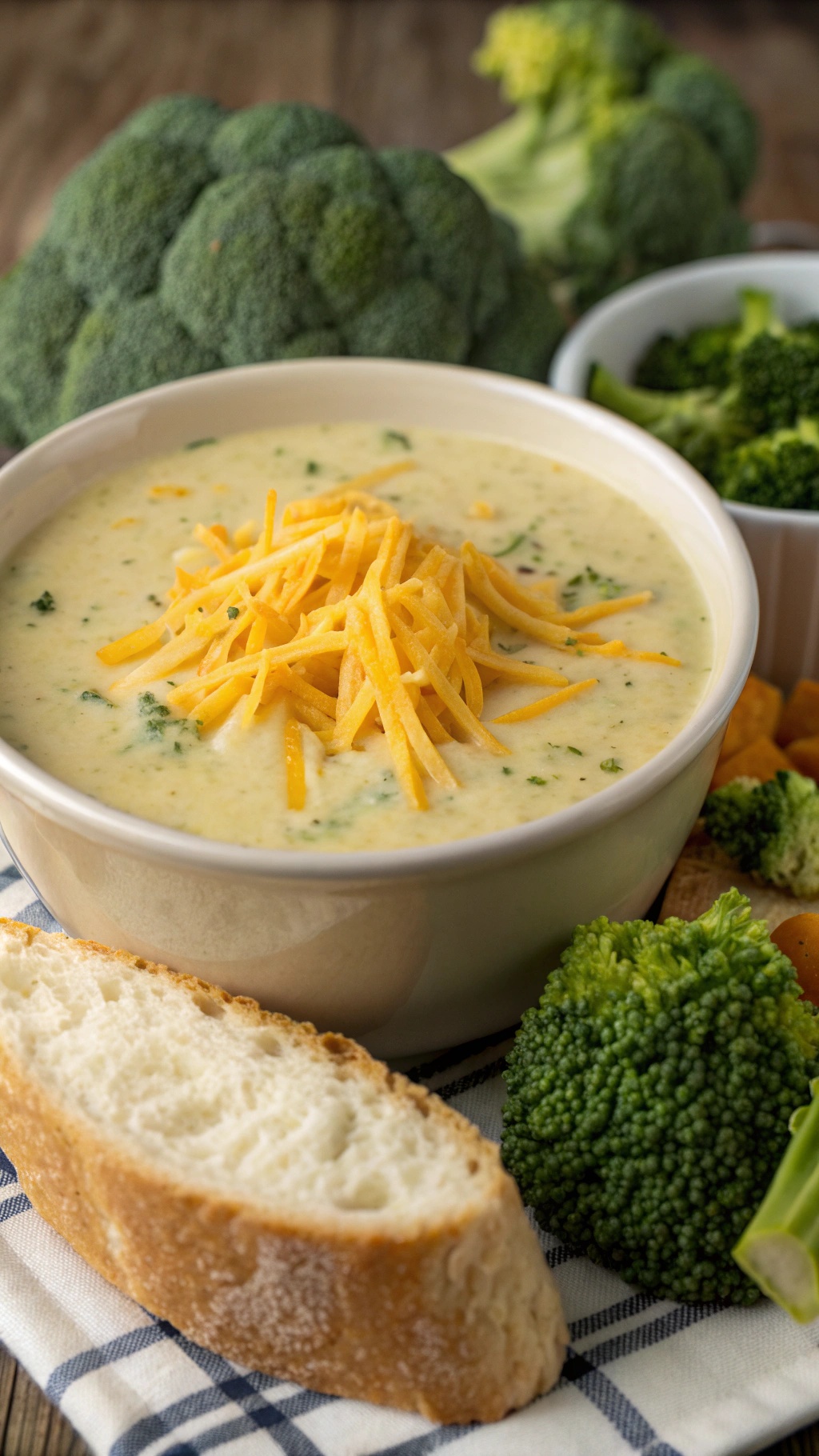 A bowl of broccoli cheddar soup topped with shredded cheese, surrounded by fresh broccoli and a slice of bread.