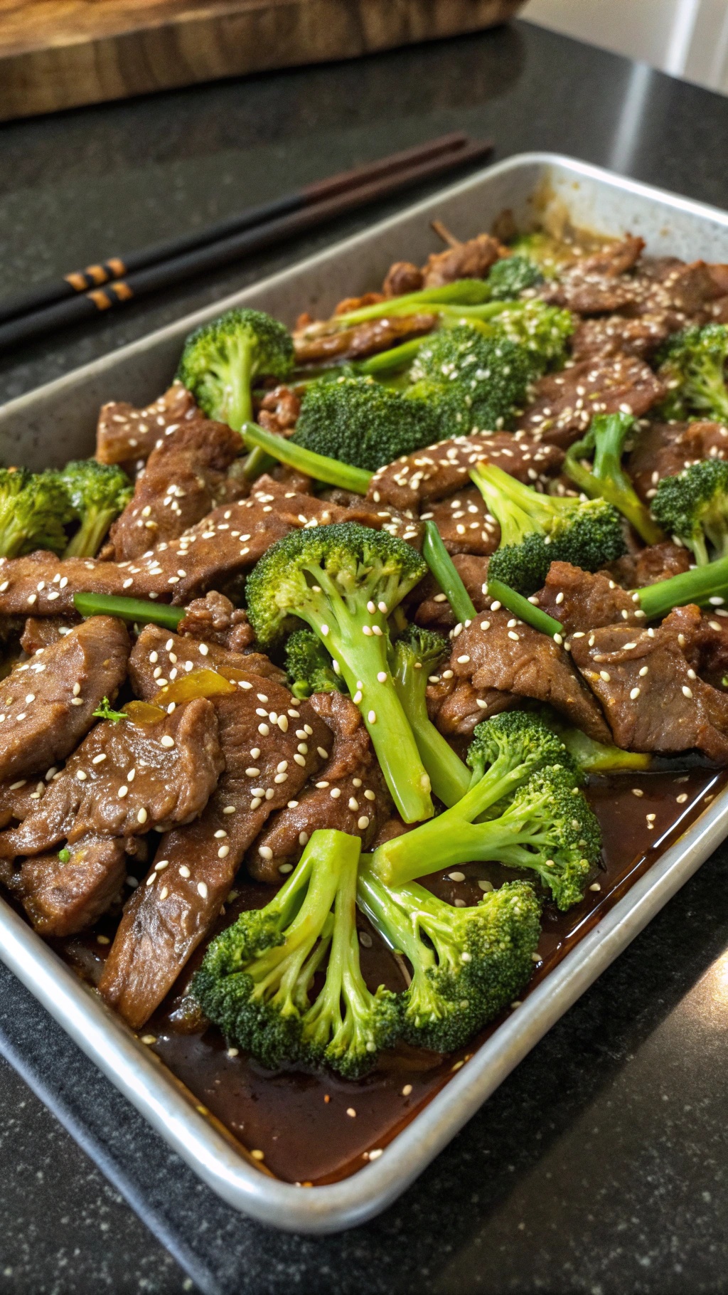 Sheet pan beef and broccoli with sesame seeds
